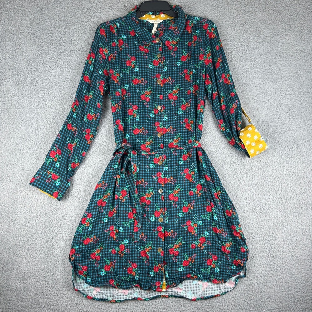 Matilda Jane Fa La Fa Dress Womens Medium Blue Plaid Floral Removable Belt Boho